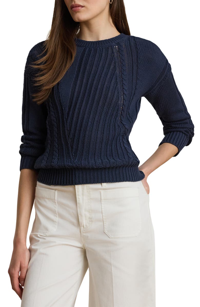 Lauren Ralph Lauren Pointelle & Cable Detail Cotton Sweater, Main, color, Shadow Navy