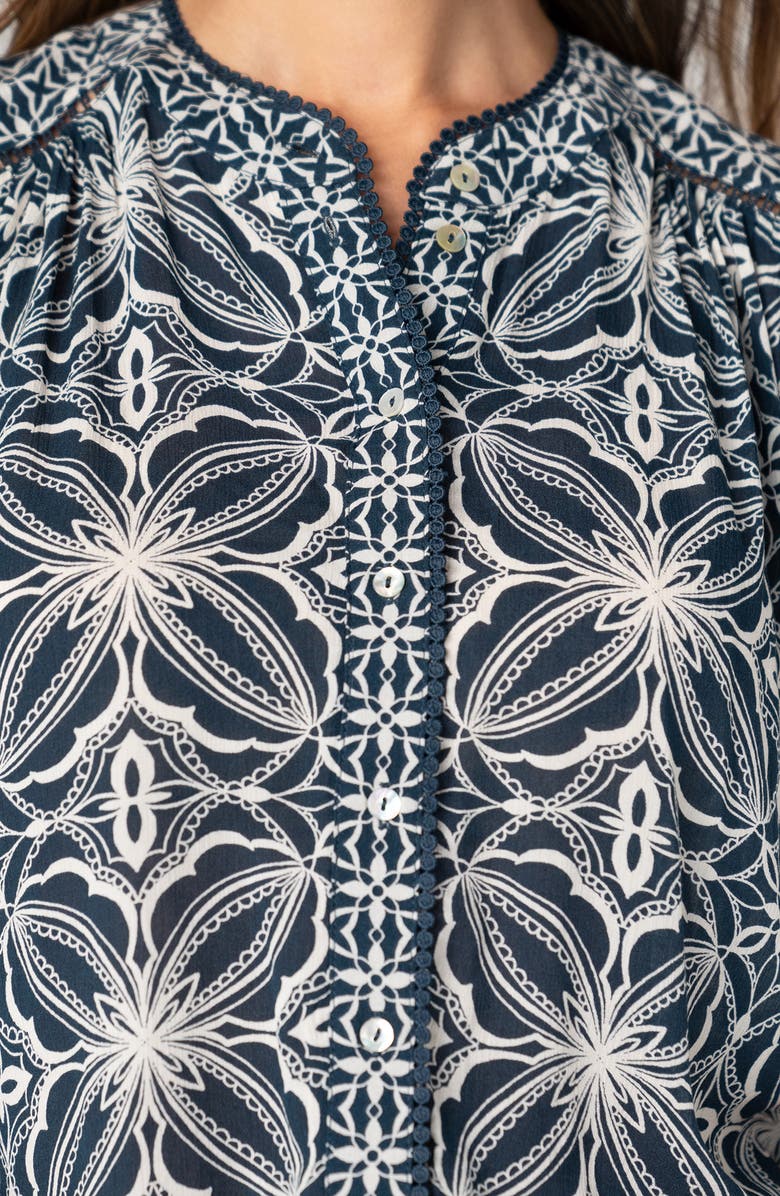 Liverpool Flutter Sleeve Mix Print Button-Up Top, Alternate, color, Blue W Cream