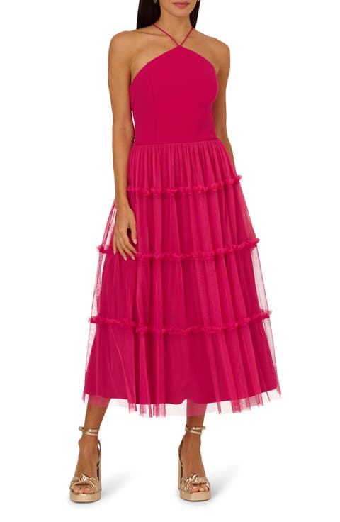 Mixed Media Tiered Cocktail Midi Dress