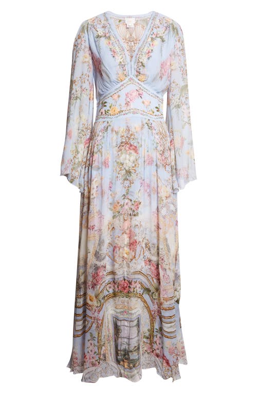 Camilla Tiled In Time Long Sleeve Silk Chiffon Maxi Dress In Gray