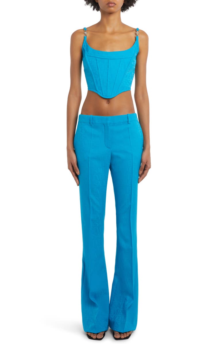 Versace Logo Jacquard Fitted Crop Virgin Wool Corset Top, Alternate, color, 