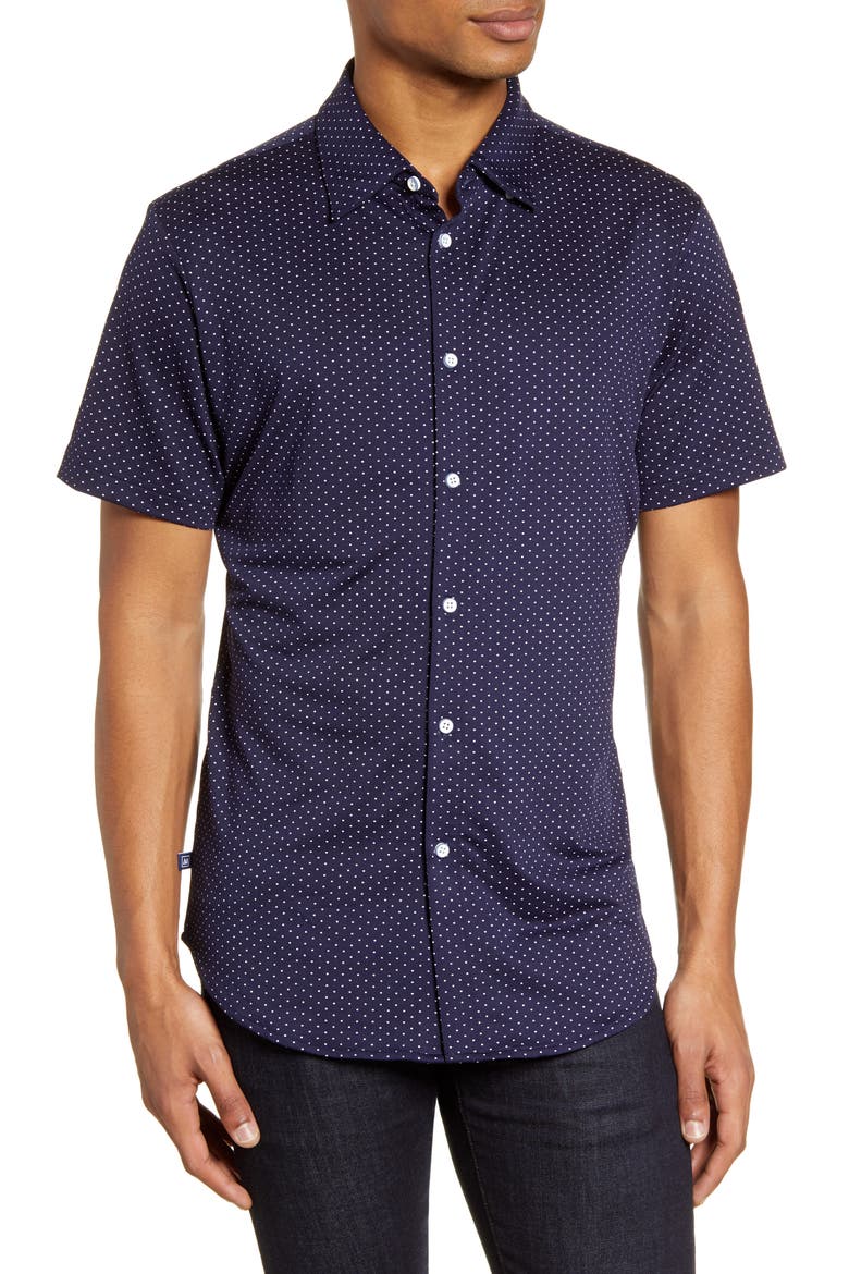 Spinnaker Trim Fit Short Sleeve Button-Up Performance Shirt, Main, color, NAVY WHITE DOT PRINT