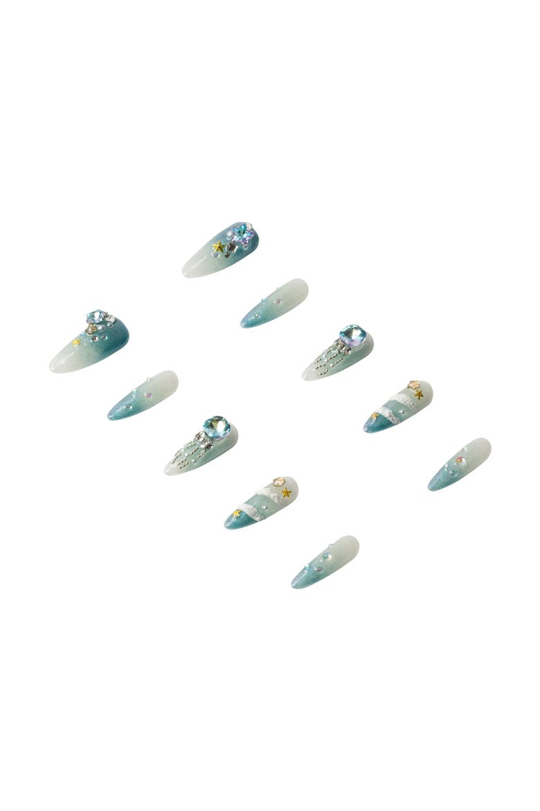 Ocean Goddess Luxury Handmade Press On Nails, Alternate, color, teal ombré nails
