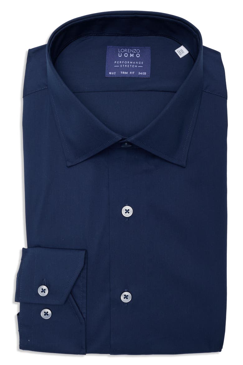Travel Cotton Stretch Trim Fit Dress Shirt, Main, color, NAVY