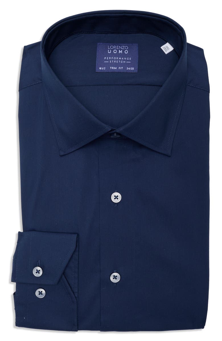 Lorenzo Uomo Travel Cotton Stretch Trim Fit Dress Shirt, Main, color, Navy