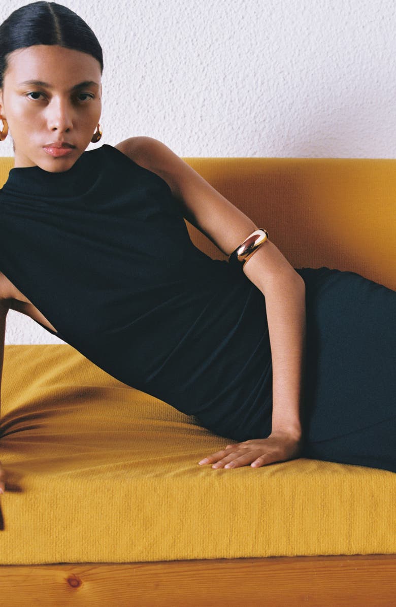 MANGO Drape Mock Neck Sleeveless Midi Dress, Alternate, color, Black