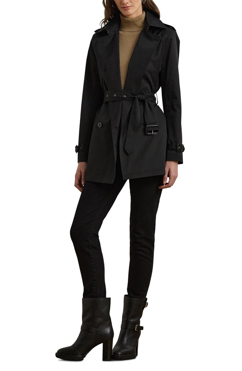 Lauren Ralph Lauren Double Breasted Belted Cotton Blend Trench Coat, Alternate, color, Black