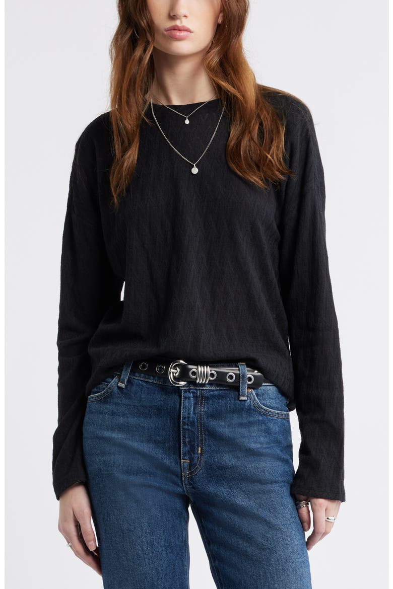 Pointelle Cotton Crewneck Knit Top, Main, color, BLACK