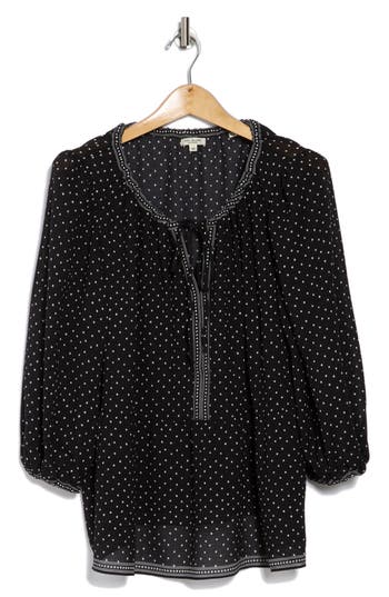 MAX STUDIO MAX STUDIO DOT PRINT TIE KEYHOLE LONG SLEEVE TOP