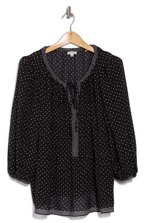 Max Studio Dot Print Tie Keyhole Long Sleeve Top In Black