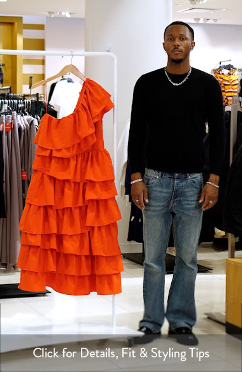 Ruffle One-Shoulder Tiered Ruffle Midi Dress, sales video thumbnail