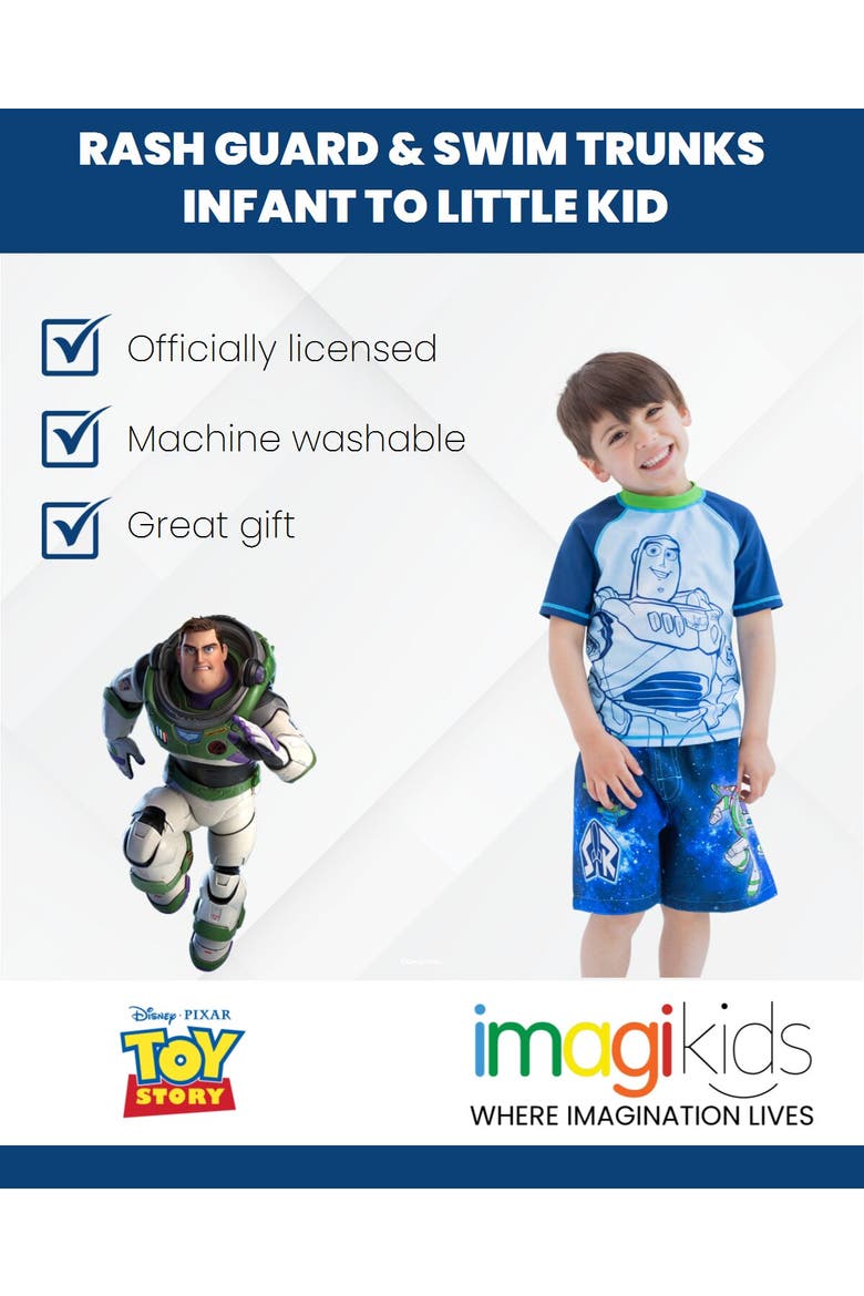 Toy Story Swimwear 2-Piece Rash Guard and Swim Trunks Set, Alternate, color, Buzz Aliens Blue