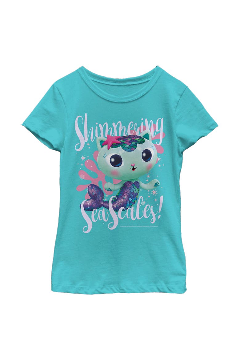 Girls' MerCat Shimmering Sea Scales Graphic Tee, Main, color, Tahiti Blue