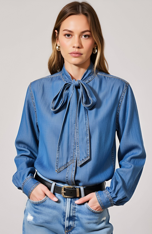 Modenaire Blouse With Tie Neck And Hidden Buttons In Blue