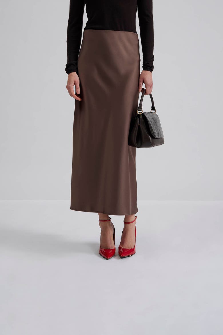 Aubree Satin Midi Skirt, Main, color, Chocolate