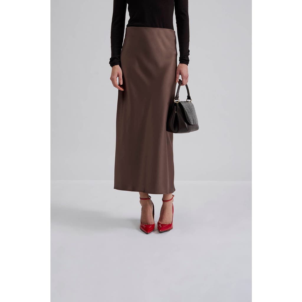 Malina Aubree Satin Midi Skirt In Brown