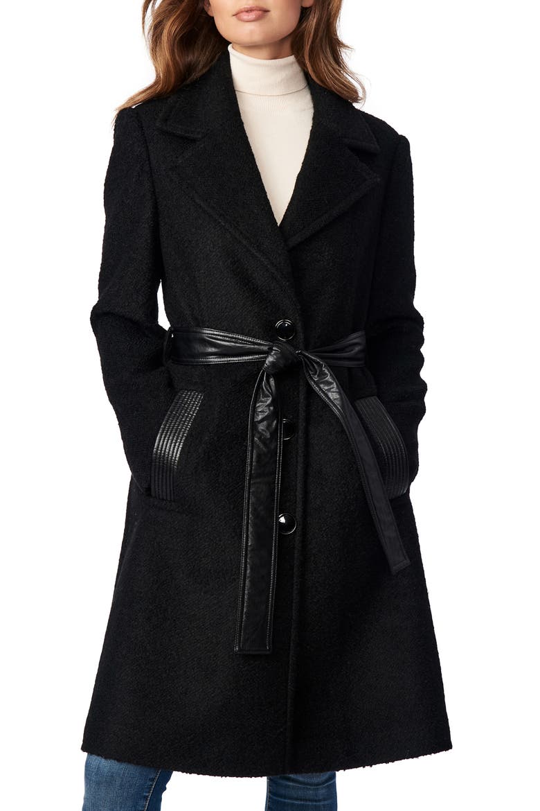Faux Leather Detail Belted Coat, Main, color, BLACK