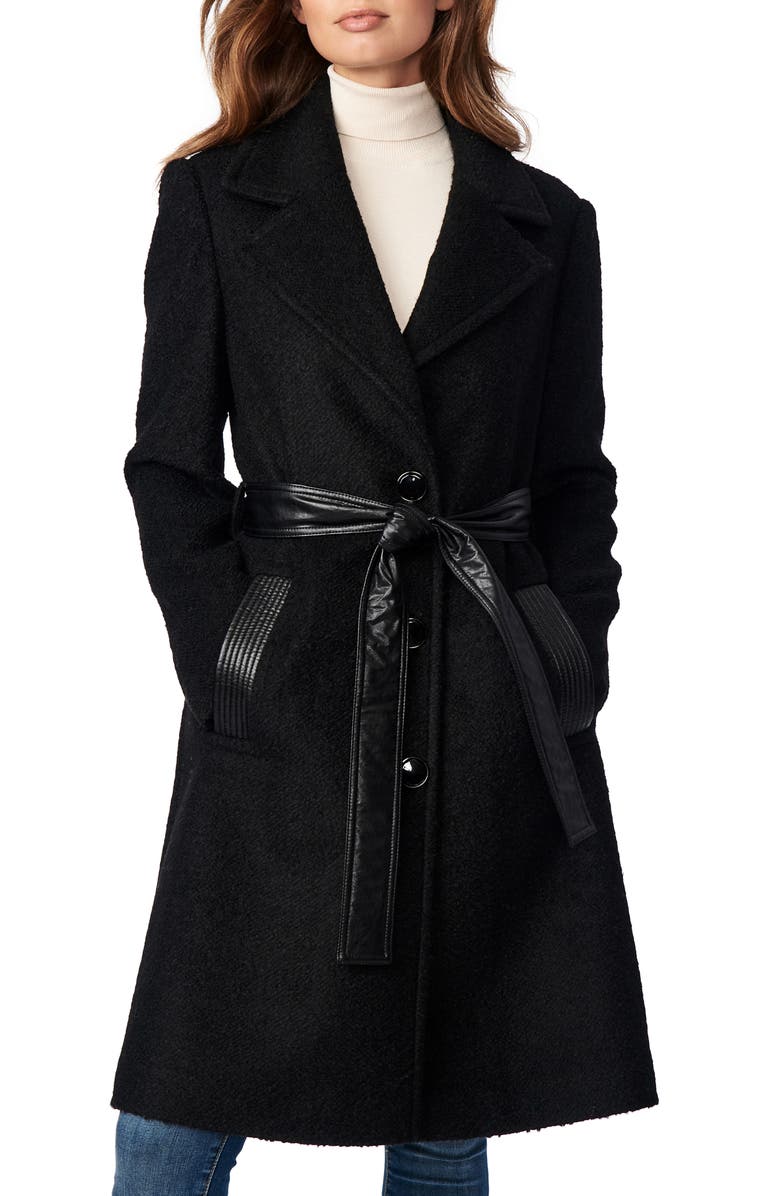 Bernardo Faux Leather Detail Belted Coat, Main, color, 