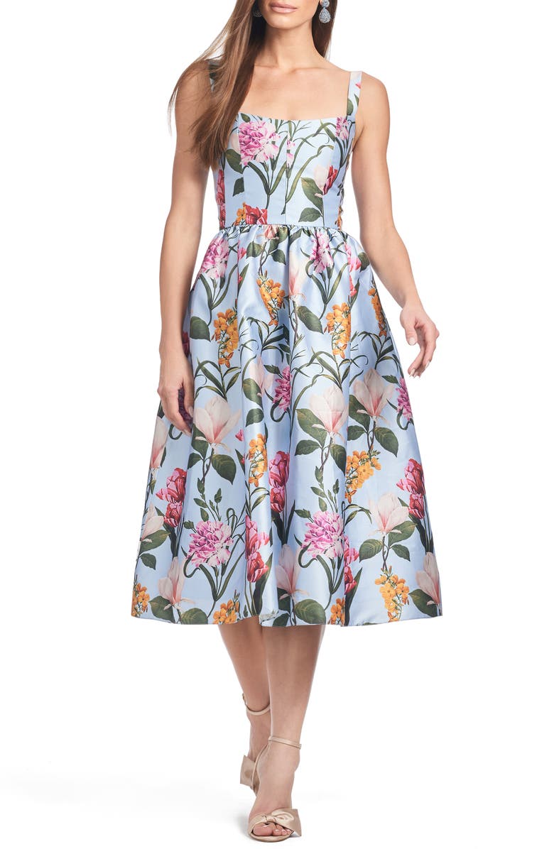 Sachin & Babi Olena Floral Mikado Cocktail Dress, Main, color, Glacial Blue Blossoms