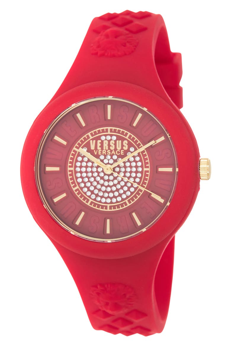 Women's Crystal Pavè Silicone Strap Watch, 39mm & Zip Case, Main, color, RED