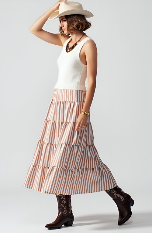 Modenaire Striped Tiered A-line Maxi Skirt With Elastic Waist And Soft Drape In Brown