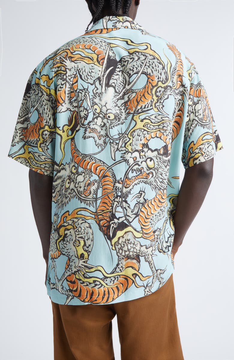 ENDLESS JOY Tiga Naga Print Camp Shirt, Alternate, color, Blue