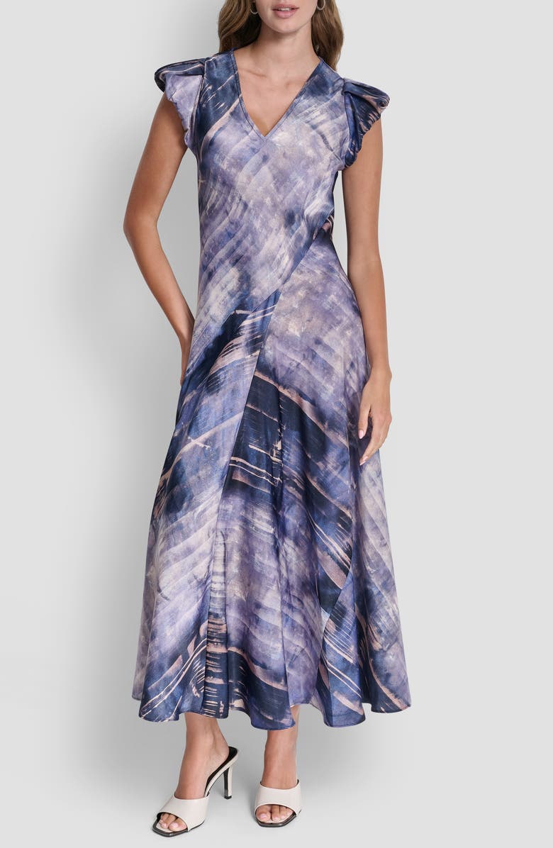 DKNY Puff Sleeve Satin Maxi Dress, Main, color, Hudson Lights