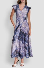 DKNY Puff Sleeve Satin Maxi Dress