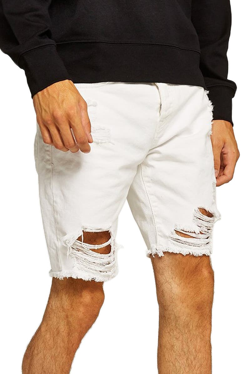 Topman Slim Fit Shredded Jean Shorts, Main, color, 