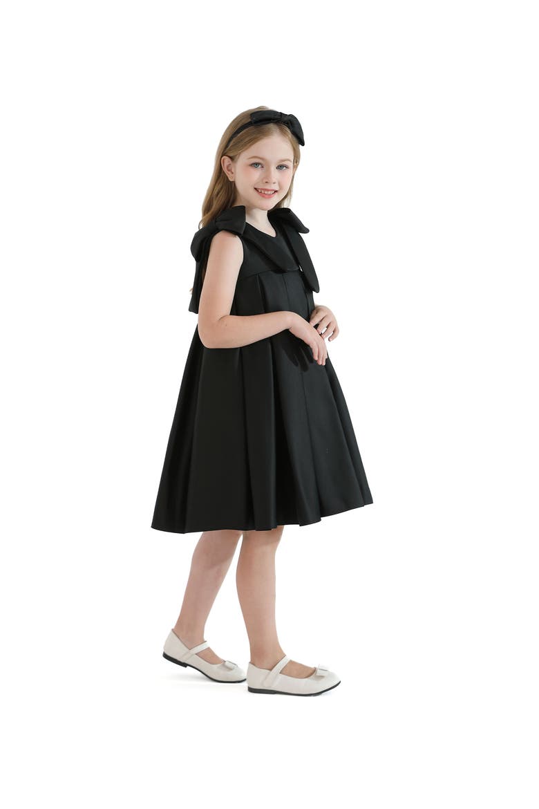 Palermo Satin Bow Pleated Dress, Alternate, color, Black