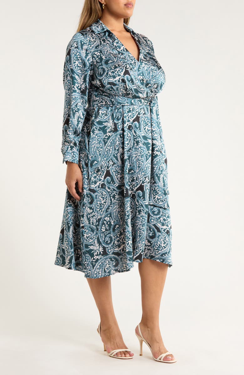 Tahari ASL Tie Belt Matte Satin Shirtdress, Alternate, color, Teal