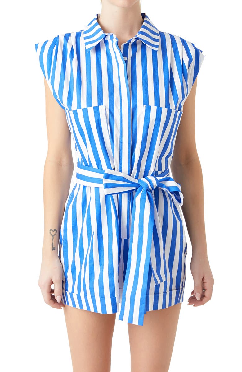 Grey Lab Stripe Pintuck Tie Belt Romper, Alternate, color, 