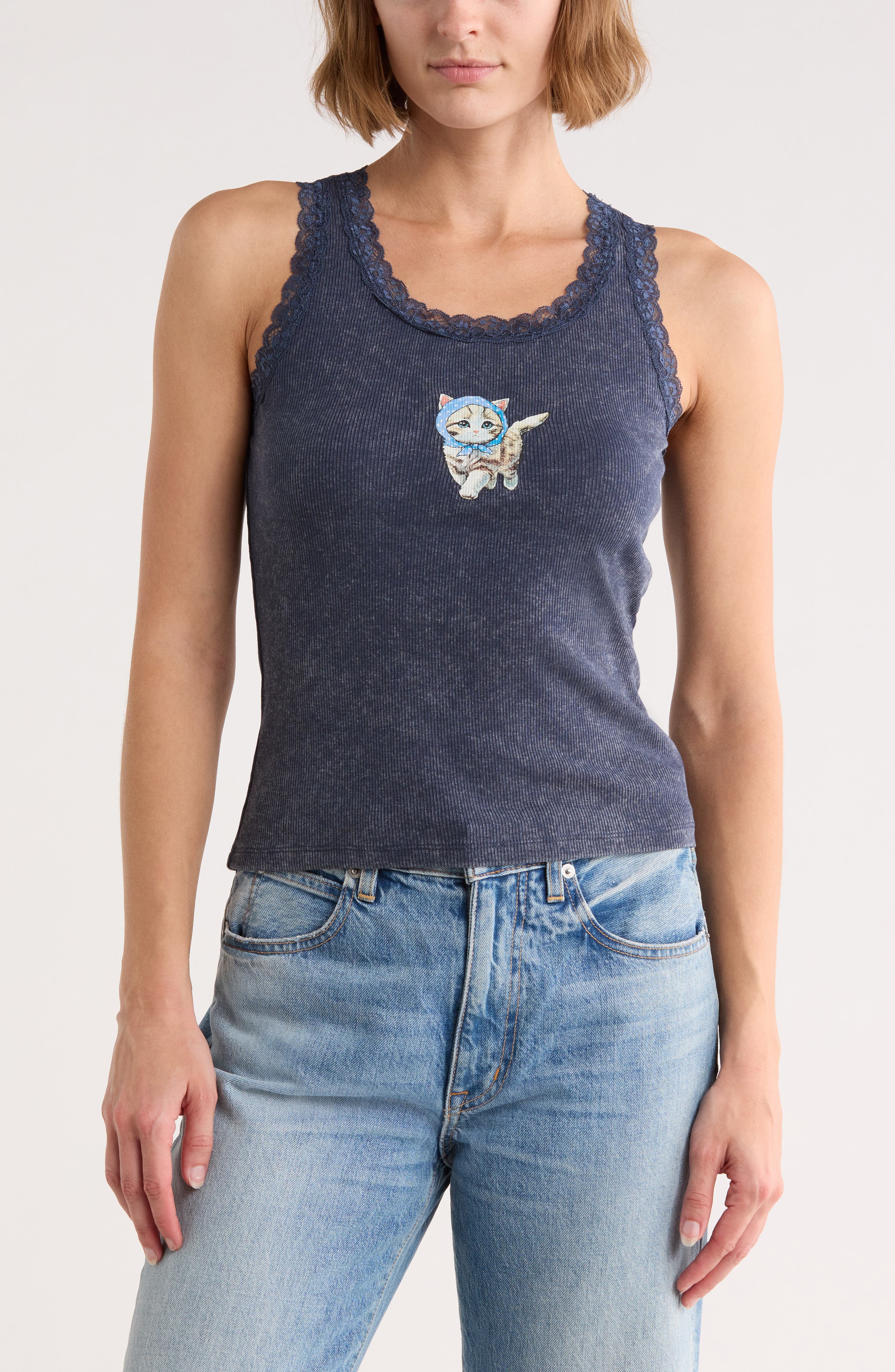 Pretty Kitty Lace Trim Graphic Tank