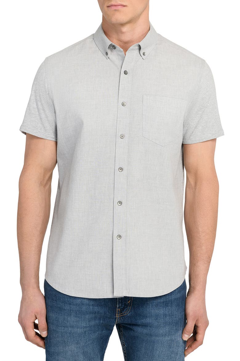 Reworked Slim Fit Solid Short Sleeve Cotton Button-Down Shirt, Main, color, GREY