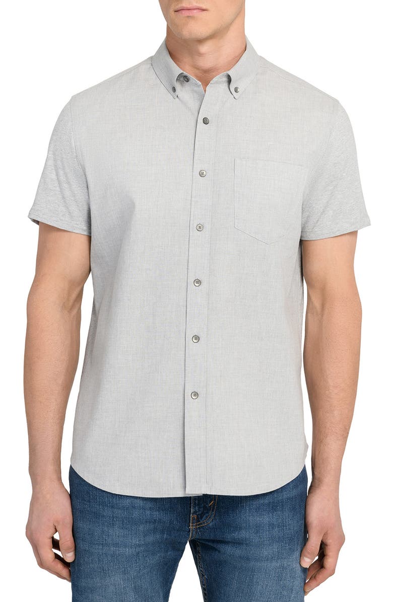 W.R.K Reworked Slim Fit Solid Short Sleeve Cotton Button-Down Shirt, Main, color, Grey