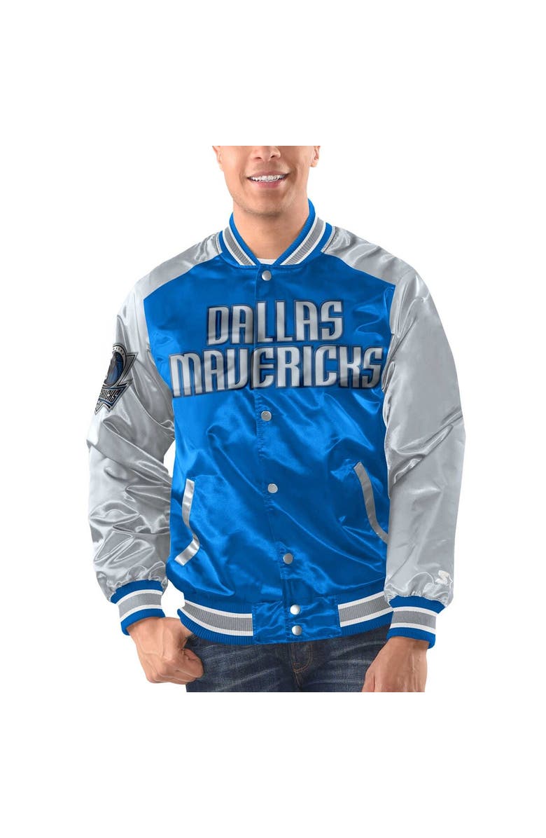 STARTER Men's Starter Blue/Silver Dallas Mavericks Renegade Satin Full-Snap Varsity Jacket, Alternate, color, Blue