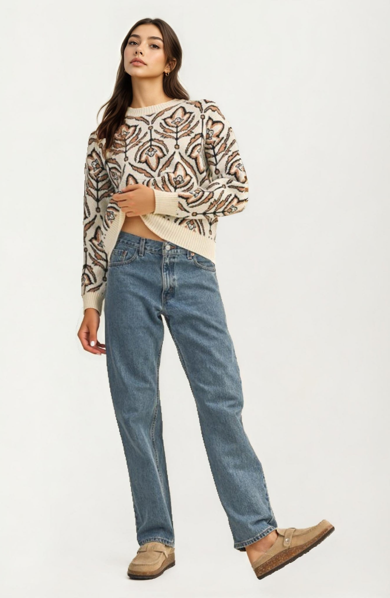 Knit and Lounge Crew Neck Abstract Floral Sweater, Alternate, color, Cream / Brown / Black