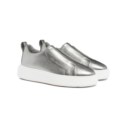 Santoni Silver Laminated Leather Slip-on Sneaker In Silver