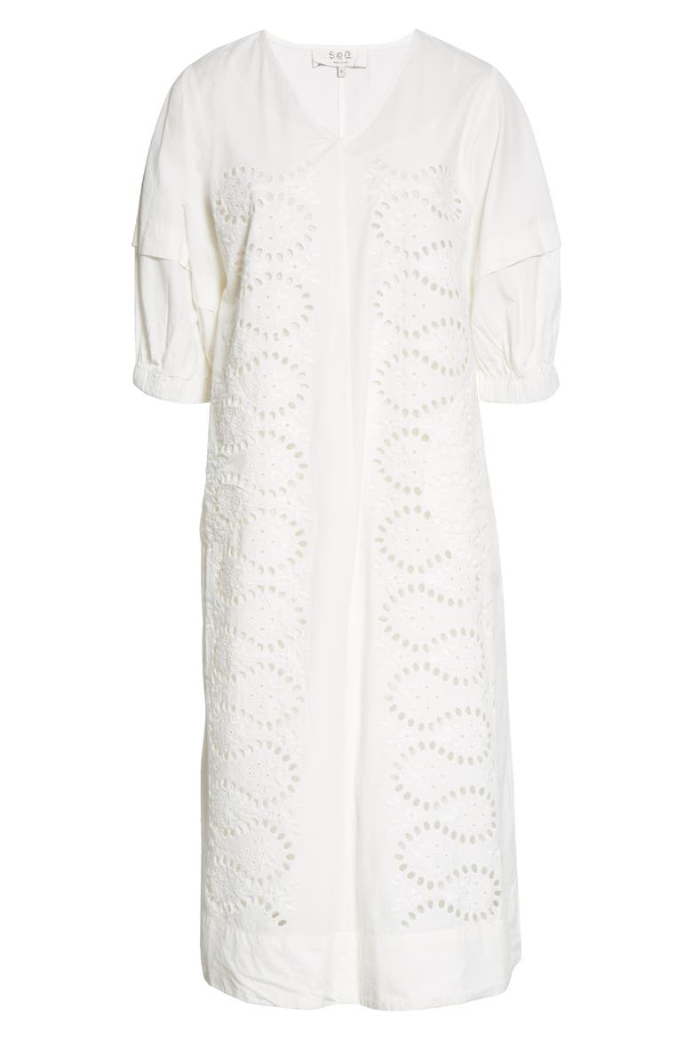 Marina Relaxed Eyelet Midi Dress, Alternate, color, WHITE