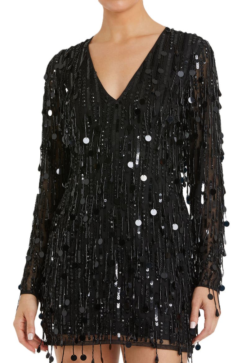 Long Sleeve Beaded Fringe Plunge Neck Dress, Alternate, color, Black
