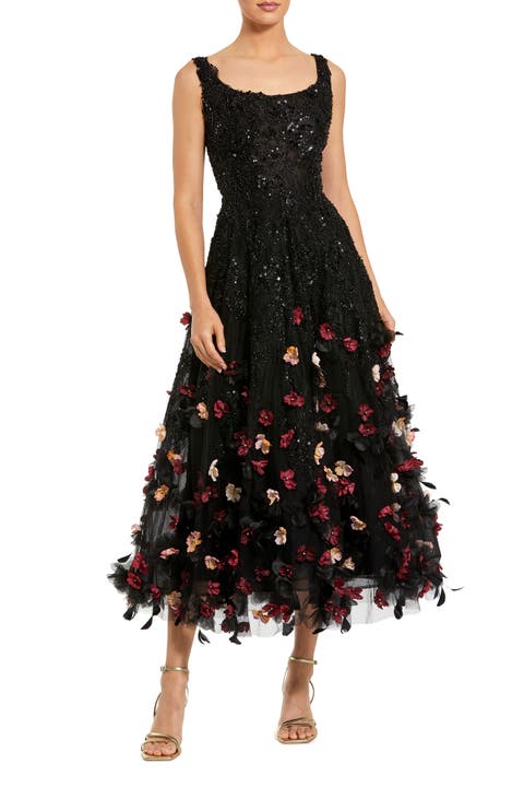 Petite Sleeveless Beaded Midi Dress With 3D Flowers