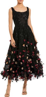 Mac Duggal Petite Sleeveless Beaded Midi Dress With 3D Flowers