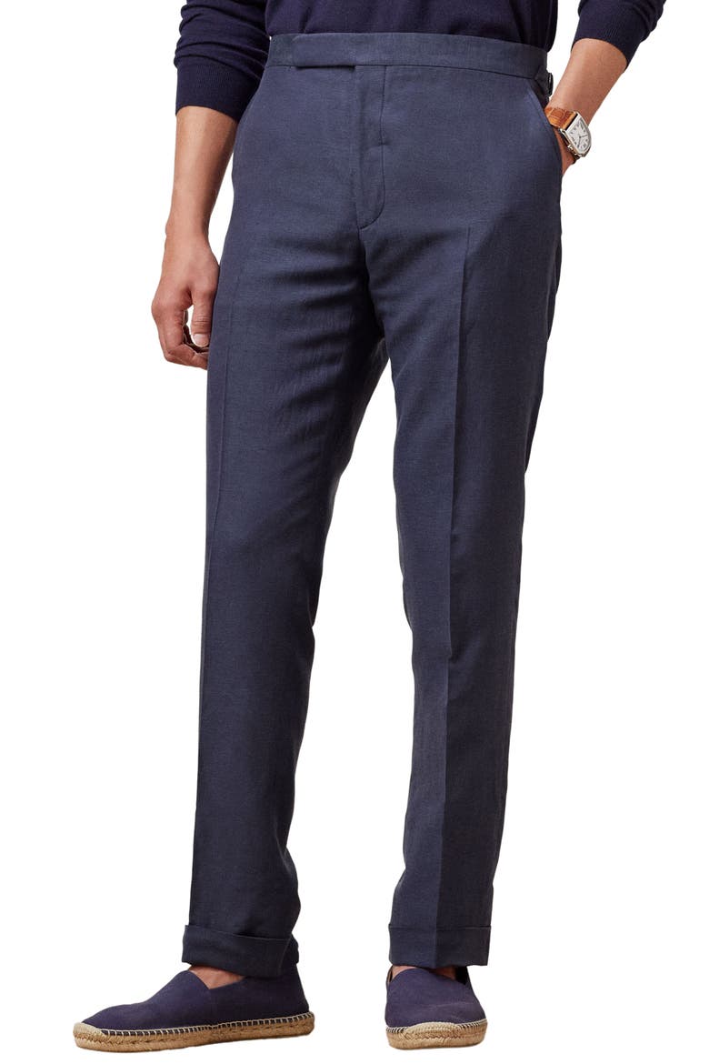 Gregory Flat Front Straight Fit Silk & Linen Pants, Main, color, NAVY