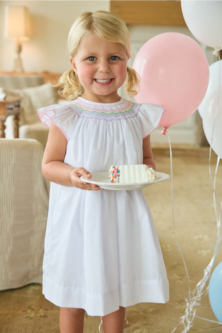 Kids' Woven Smocked Bishop Dress, Alternate, color, White with Rainbow