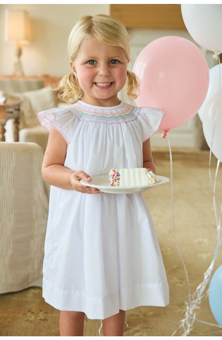 Little English Kids' Woven Smocked Bishop Dress, Alternate, color, White With Rainbow