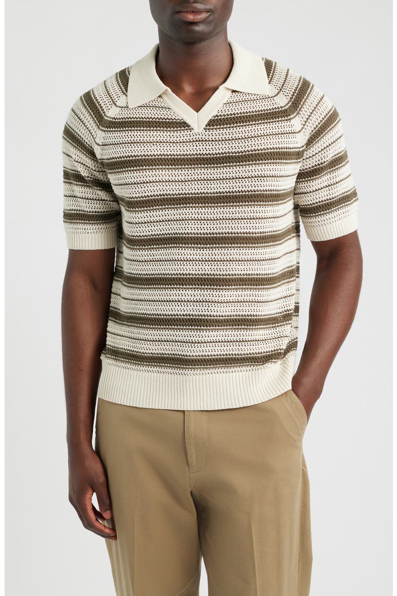 Cale 60056 Stripe Johnny Collar Linen Blend Polo Sweater, Main, color, IVORY STRIPE