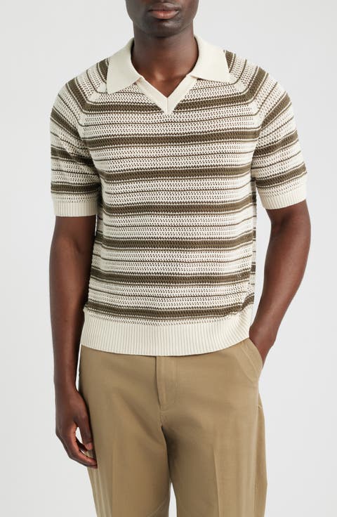 Cale 60056 Stripe Johnny Collar Linen Blend Polo Sweater