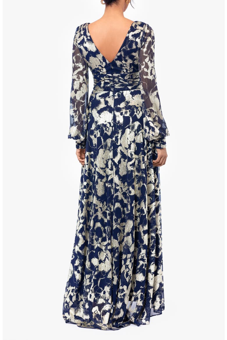 Floral Metallic Long Sleeve A-Line Gown, Alternate, color, NAVY/ GOLD