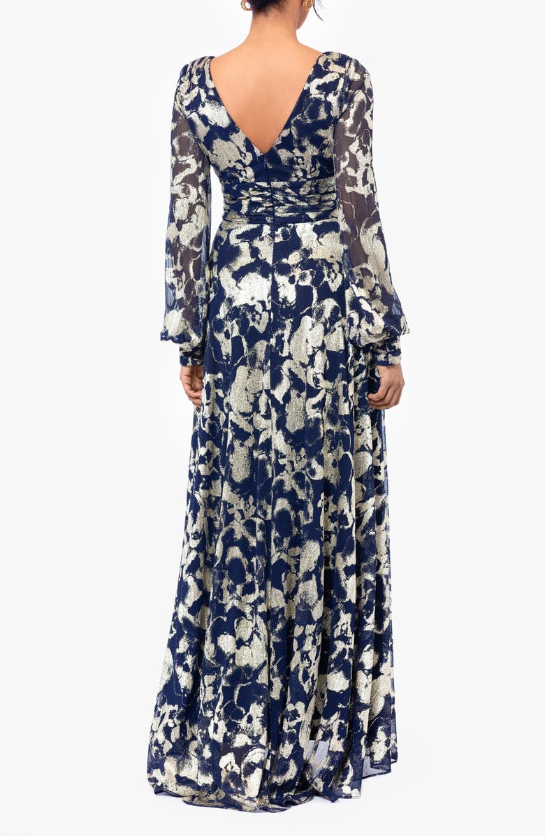 Betsy & Adam Floral Metallic Long Sleeve A-Line Gown, Alternate, color, Navy/ Gold