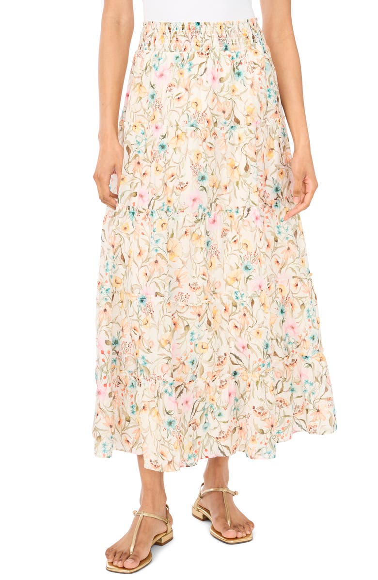 Vince Camuto Smocked Waist Tiered Maxi Skirt, Main, color, Antiq White